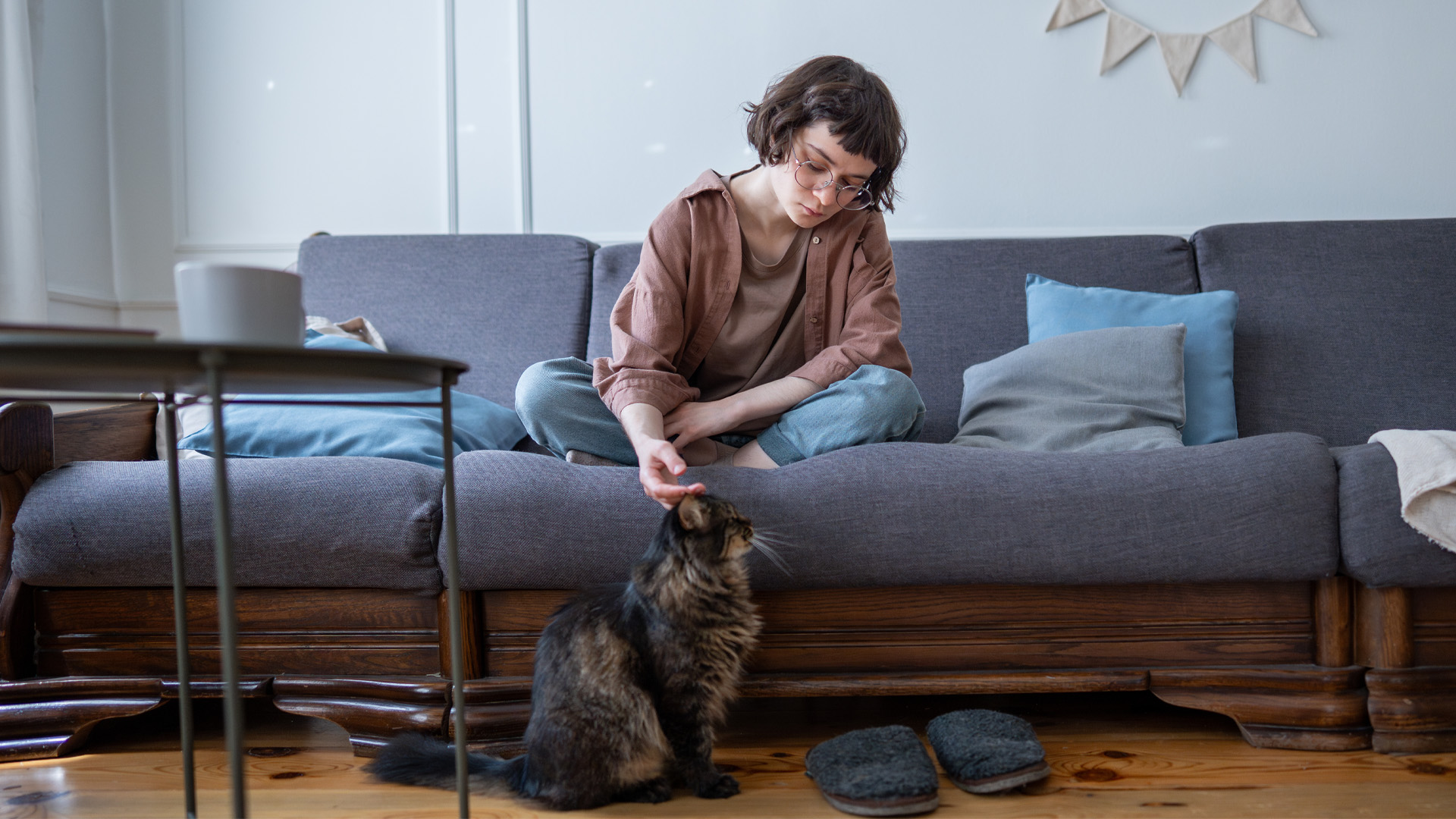 Young woman sitting alone on sofa touching cat seeking comfort Young woman sitting alone on sofa touching cat seeking comfort